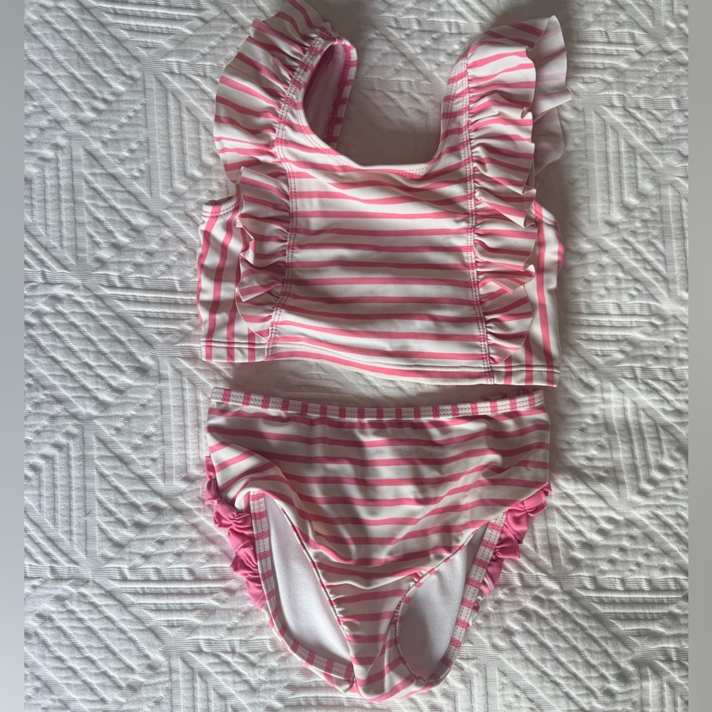 Ruffle Butts Girls Pink & White Stripe Ruffle Two-Piece Swimsuit